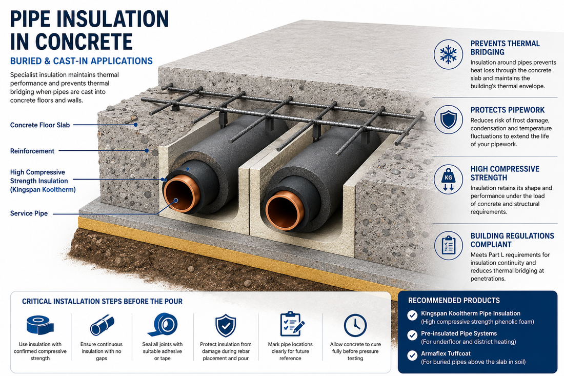 Technical cross-section showing insulated pipes embedded within a concrete floor slab with rigid insulation surrounding the pipework to prevent thermal bridging.