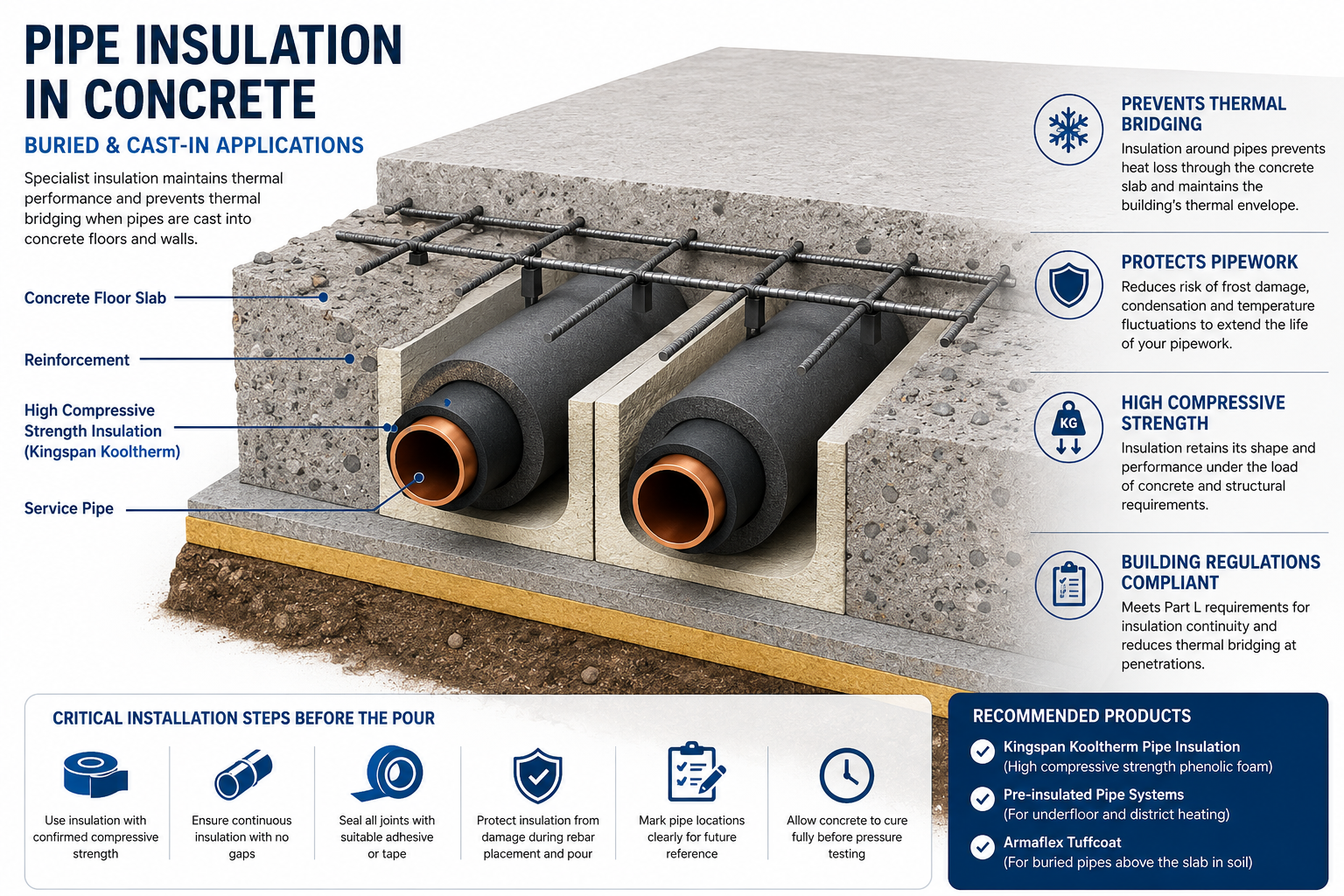 Technical cross-section showing insulated pipes embedded within a concrete floor slab with rigid insulation surrounding the pipework to prevent thermal bridging.