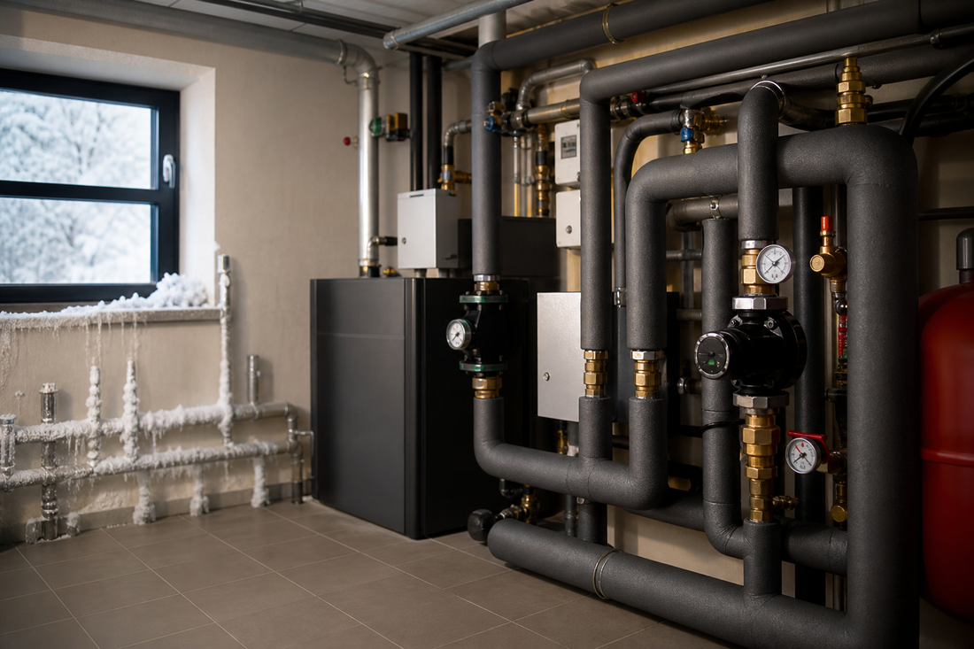 Professional photo of well-insulated heating pipes in a modern boiler room during winter, with frost visible on unprotected pipe sections nearby, warm tones, realistic, high detail