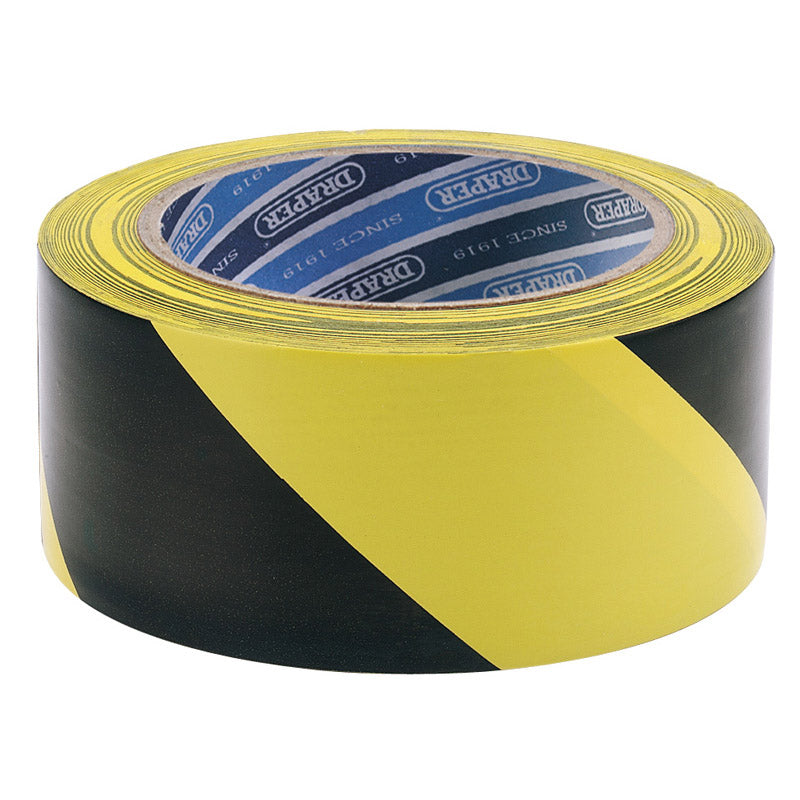 Black & Yellow Hazard Warning Tape 33m x 50mm - Durable Self-Adhesive PVC for Safety Marking