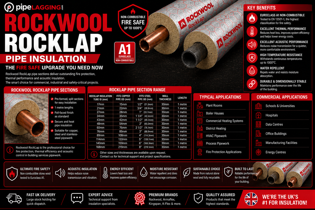 Rockwool pipe insulation product information sheet with text and images on a black background
