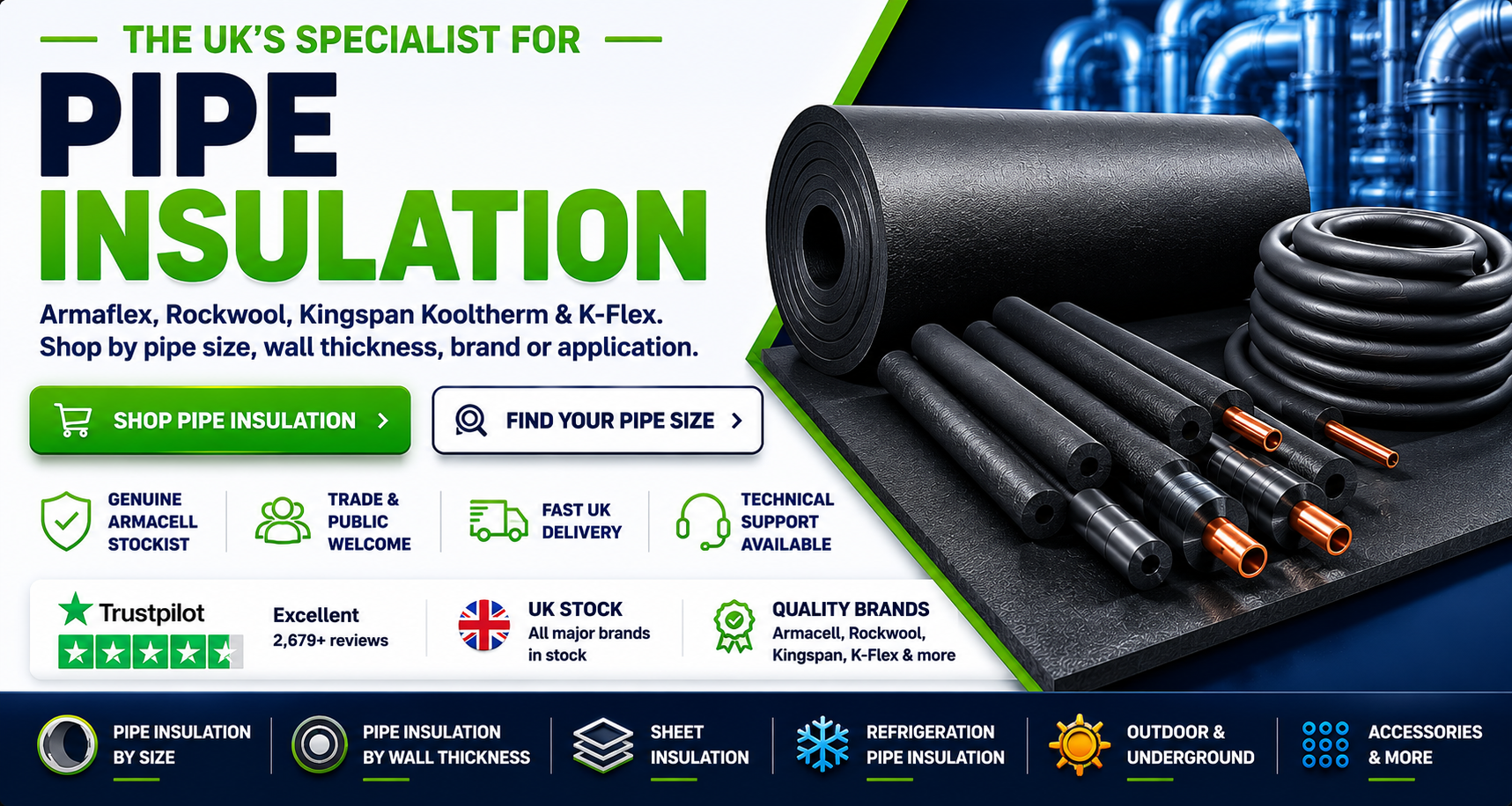Advertisement for pipe insulation with various products and branding information.