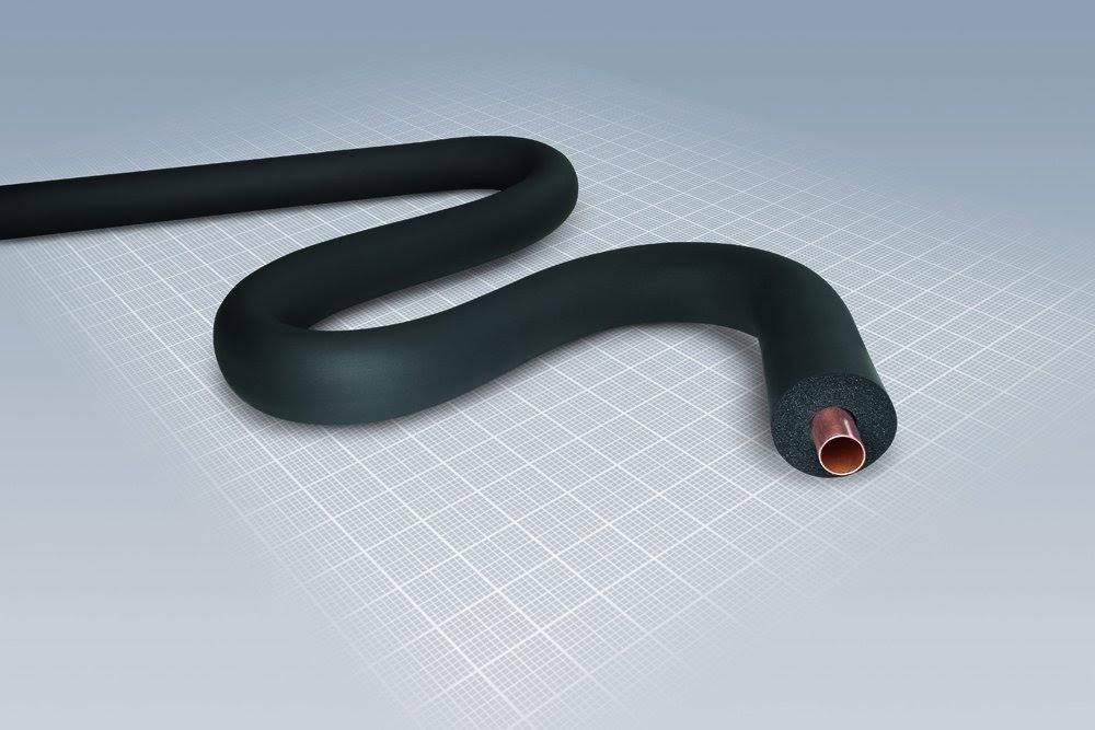 Black flexible pipe insulation on a grey grid background