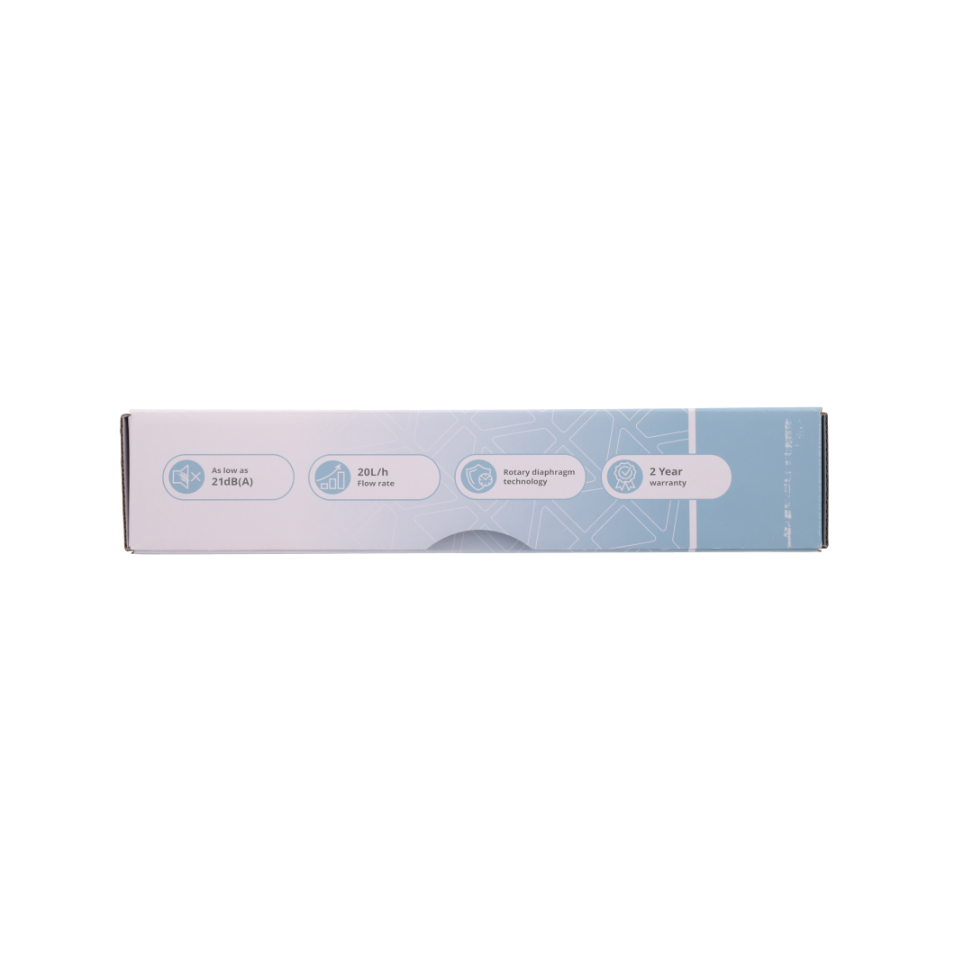 Aspen Mini Blanc FP3578 condensate pump packaging opened with fitting template and quick start guide