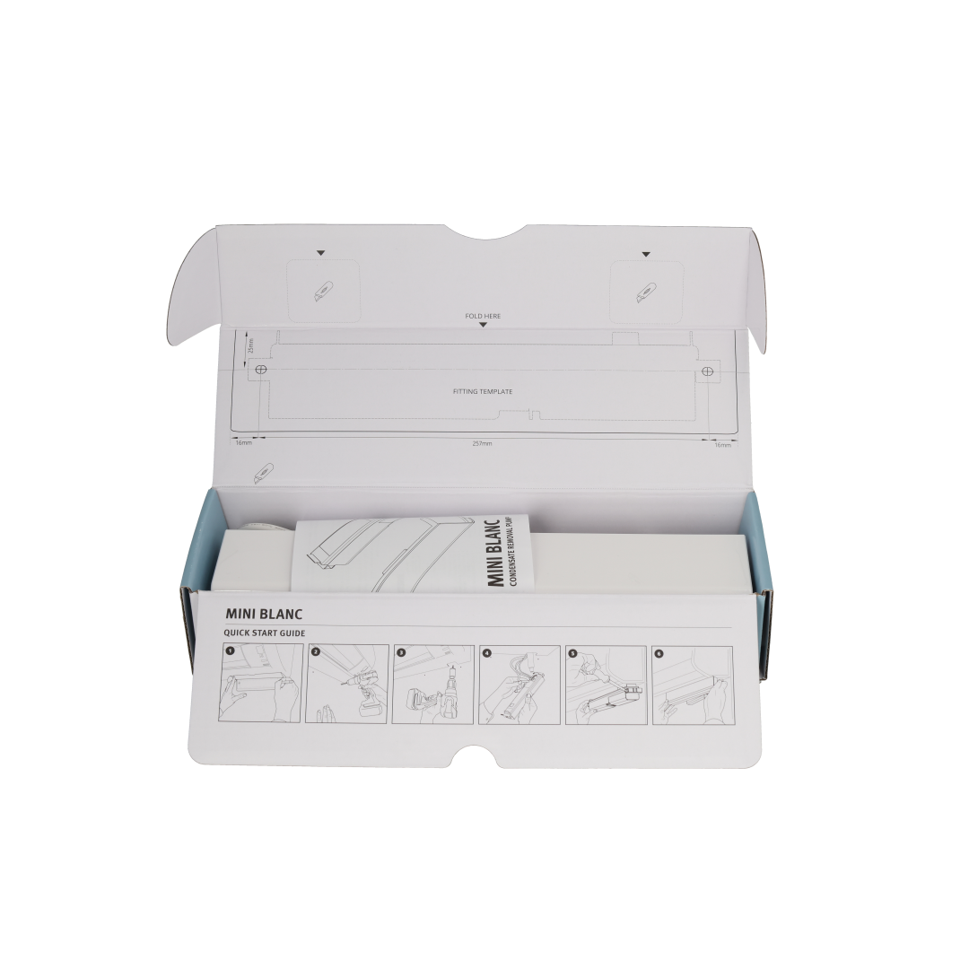 Aspen Mini Blanc FP3578 open retail box with fitting template and quick start guide