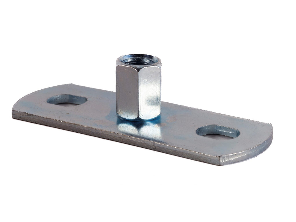 M8/M10 BZP dual-threaded female back plate with hexagonal nut and two fixing holes