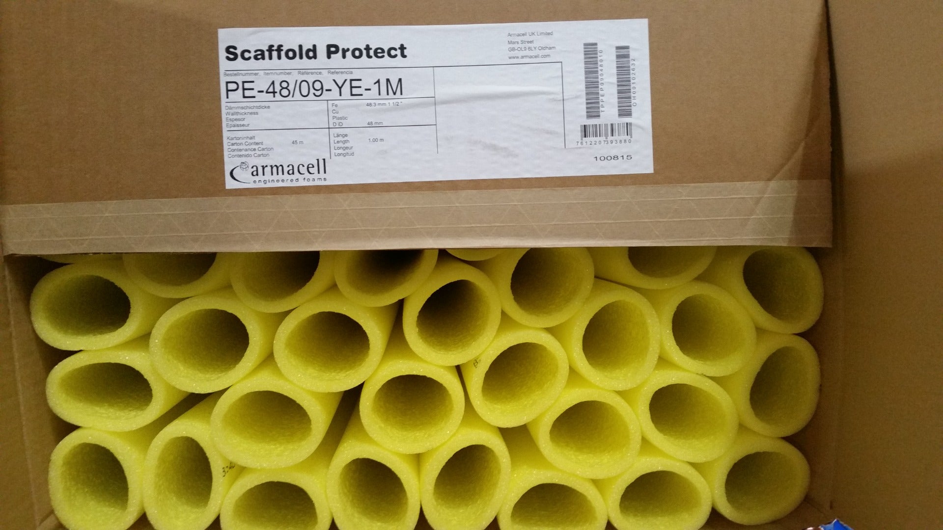 ArmaLight Scaffold & Trampoline Tube Padding Yellow 2m x 9mm x 48mm Box of 60