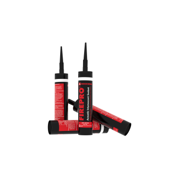 This is a product image featuring multiple 310ml cartridges of Rockwool FirePro Acoustic Intumescent Sealant arranged on a black background. The cartridges are black, with red and white labels displaying the product name, "FirePro Acoustic Intumescent Sea