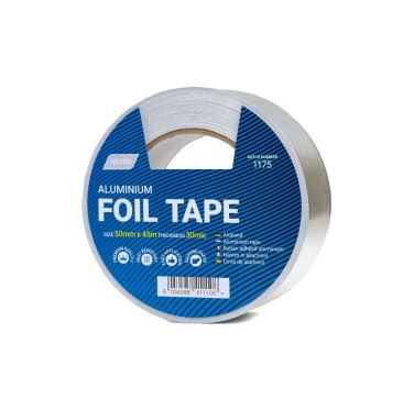 Roll of 50mm self-adhesive aluminium foil tape for HVAC duct sealing, featuring a blue label with 'Aluminium Foil Tape' text, size 50mm x 45m, thickness 30 microns, and batch number 1175, available at airconspares.com.