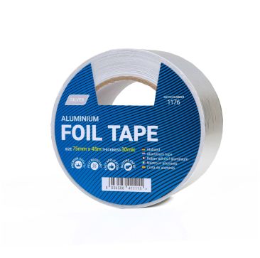 Roll of 75mm self-adhesive aluminium foil tape for HVAC duct sealing, featuring a blue label with 'Aluminium Foil Tape' text, size 75mm x 45m, thickness 30 microns, and batch number 1176, available at airconspares.com.