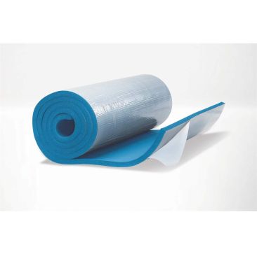 Rolled ArmaFlex Ultima continuous sheet insulation with a partially unrolled section, showing its blue foam and self-adhesive backing.