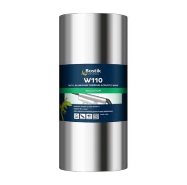 A cylindrical roll of Bostik W110 Butyl Aluminium Thermal Acoustic Wrap Insulation with a metallic finish. The label features the Bostik logo, product name 'W110,' and highlights its self-adhesive property, acoustic testing to BS EN ISO 10140-2, and Class