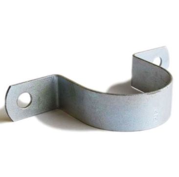 A metallic U-shaped saddle clamp with two mounting holes on either side, designed for securing pipes, shown against a plain background.