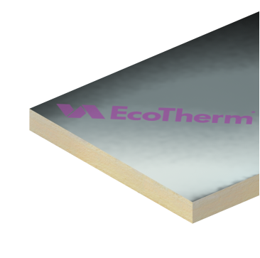EcoTherm PR40 Eco-Versal 40mm x 1200mm x 2400mm PIR insulation board displayed on a plain background, featuring a rigid, light-colored panel with aluminum foil facings, used for thermal insulation in roofs and walls