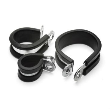 Rubber lined metal P clips in three sizes, showing galvanised steel band with black EPDM rubber lining and mounting holes, ideal for secure pipe and cable fixing.