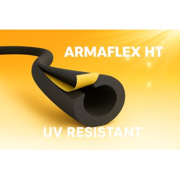 Armaflex HT pipe insulation shown in sunlight with adhesive strip exposed and UV-resistant text.
