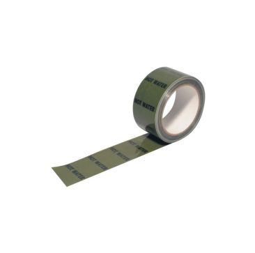 Hot water pipe identification tape, 30m long, 50mm wide, rolled up with "HOT WATER" text printed repeatedly on a green background.