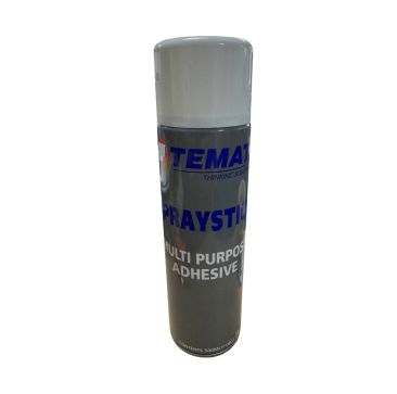 TEMATI SPRAYSTICK multipurpose contact adhesive aerosol can, 500ml capacity, grey body with white nozzle cap, blue branding text reading "TEMATI SPRAYSTICK MULTI PURPOSE ADHESIVE" and "CONTENTS 500ML", non-chlorinated spray adhesive for pipe lagging and i
