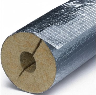 Close-up of a cylindrical fibreglass Rock Mineral Wool K-Flex K-Rock Alu Pipe insulation material wrapped in reflective foil, showing a hollow centre with a dark shadow set against a dark background.