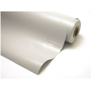 Rolled sheet of white Okapak pipe lagging material with a smooth, glossy finish, partially unrolled to show flexibility and thickness, on a white background.