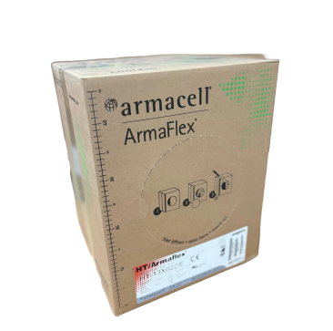 A cardboard box of HT Armaflex 13X022/E pipe insulation, featuring the Armacell logo and product details, ready for delivery from PipeLagging.com.
