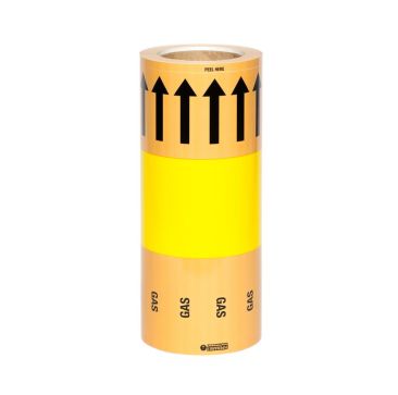 Roll of hazardous material tape with yellow and orange sections featuring black arrows pointing upwards and the word "GAS" repeated, with "PEEL HERE" indicated at the top.