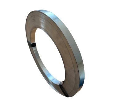 A coiled roll of 19mm aluminium banding, showcasing its shiny, silver finish against a black background, is ideal for securing pipe insulation.