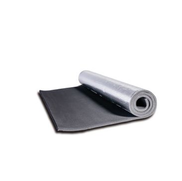 Rolled ArmaComfort AB Alu Plus Acoustic Insulation Sheet with a shiny aluminum foil surface on a black foam base, partially unrolled on a white background, showcasing its flexible and durable design for pipe applications.