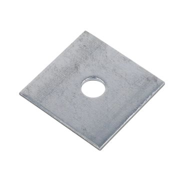 A galvanised FB100/M10 square plate bracket with a single central hole designed for channel support systems. The bracket has a metallic finish with a slightly textured surface, which is ideal for air conditioning installations and structural applications.