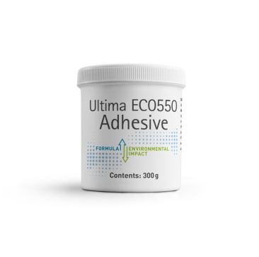 White container of Ultima ECO550 Adhesive, 300g, with a label highlighting its eco-friendly formula and reduced environmental impact, ideal for pipe insulation projects.