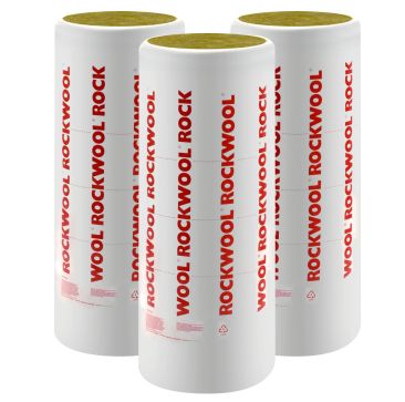 Three rolls of Rockwool Ductwrap Insulation, wrapped in white packaging with red "ROCKWOOL" branding repeated around the sides. The rolls reveal the yellow mineral wool insulation inside, displayed against a white background, showcasing their readiness fo