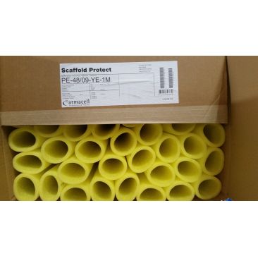 Cardboard box of 60 yellow polyethylene foam tubes labelled 'Scaffold Protect PE-48/09-YE-1M' by Armacell. Each tube is 2m long, 9mm thick, with a 48mm bore, designed for scaffold and trampoline padding, showing their semi-slit design for easy installatio