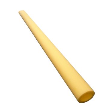 A single 2-meter-long yellow polyethylene foam tube, designed for scaffold and trampoline padding, shown diagonally against a white background. The tube is 9mm thick with a 48mm bore, featuring a semi-slit design for easy installation on posts.