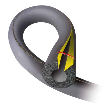 A grey, closed-cell elastomeric foam pipe insulation (K-Flex ST/SK Self-Seal) is shown in a loop shape. A yellow adhesive lap with a red arrow indicates the self-sealing closure. The foam's speckled texture is visible in a cross-section, highlighting its 