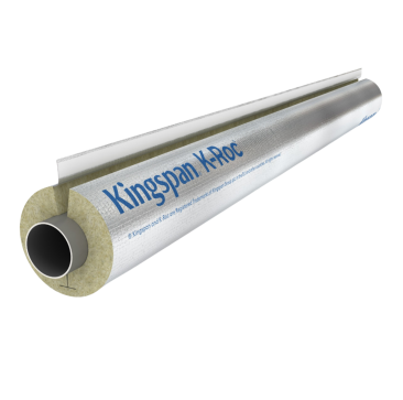 Close-up of K-Roc Pipe Insulation by Kingspan, a cylindrical mineral wool pipe lagging with a reinforced aluminium foil facing. The insulation is partially cut away to reveal the inner pipe, showcasing its thermal insulation properties. The exterior featu