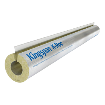 Close-up of K-Roc Pipe Insulation by Kingspan, a cylindrical mineral wool pipe lagging with a reinforced aluminium foil facing. The insulation is partially cut away to reveal the inner pipe, showcasing its thermal insulation properties. The exterior featu