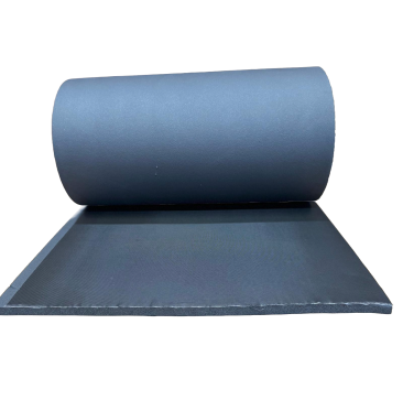 Rolled and unrolled black insulation sheet, 1m wide, for pipes and tanks, showing texture and thickness.