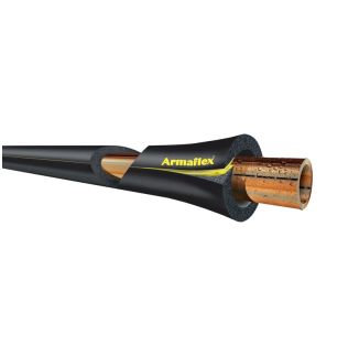 A cross-sectional view of Armaflex pipe insulation on a copper pipe, showing the black nitrile rubber foam core with a yellow "Armaflex" logo. Water droplets on the pipe illustrate condensation control, and the insulation is displayed against a white back