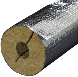 Close-up of a cylindrical rock mineral wool insulation material 42mm K-Rock Alu wrapped in reflective foil, showing a hollow centre with a dark shadow set against a dark background.