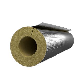 An image of a Rockwool Rocklap 1m Foil-Backed Pipe Insulation Lagging, featuring a cylindrical piece of mineral wool insulation with a shiny, reflective foil exterior. The insulation is split along its length, with a slightly peeled-back foil section reve