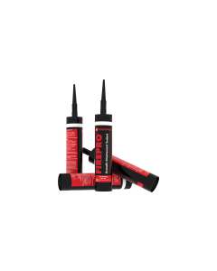 This is a product image featuring multiple 310ml cartridges of Rockwool FirePro Acoustic Intumescent Sealant arranged on a black background. The cartridges are black, with red and white labels displaying the product name, "FirePro Acoustic Intumescent Sea