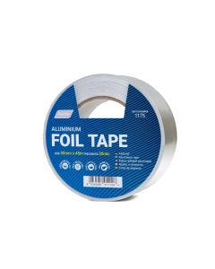 Roll of 50mm self-adhesive aluminium foil tape for HVAC duct sealing, featuring a blue label with 'Aluminium Foil Tape' text, size 50mm x 45m, thickness 30 microns, and batch number 1175, available at airconspares.com.
