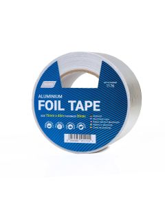 Roll of 75mm self-adhesive aluminium foil tape for HVAC duct sealing, featuring a blue label with 'Aluminium Foil Tape' text, size 75mm x 45m, thickness 30 microns, and batch number 1176, available at airconspares.com.