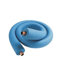 Coiled blue ArmaFlex Ultima pipe insulation with copper pipes visible at the ends, showcasing its flexible elastomeric foam design for HVAC and refrigeration applications.