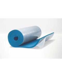 Rolled blue and silver self-adhesive ArmaFlex Ultima continuous sheet insulation, 13mm thick, designed for pipes and ducts, with a portion unrolled to show its flexible elastomeric foam structure.