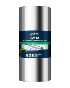 A cylindrical roll of Bostik W110 Butyl Aluminium Thermal Acoustic Wrap Insulation with a metallic finish. The label features the Bostik logo, product name 'W110,' and highlights its self-adhesive property, acoustic testing to BS EN ISO 10140-2, and Class