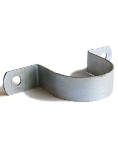 A metallic U-shaped saddle clamp with two mounting holes on either side, designed for securing pipes, shown against a plain background.