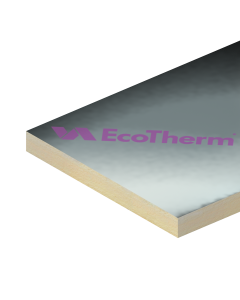 EcoTherm PR40 Eco-Versal 40mm x 1200mm x 2400mm PIR insulation board displayed on a plain background, featuring a rigid, light-colored panel with aluminum foil facings, used for thermal insulation in roofs and walls