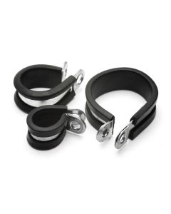 Rubber lined metal P clips in three sizes, showing galvanised steel band with black EPDM rubber lining and mounting holes, ideal for secure pipe and cable fixing.