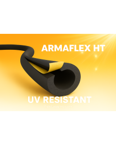 Armaflex HT pipe insulation shown in sunlight with adhesive strip exposed and UV-resistant text.